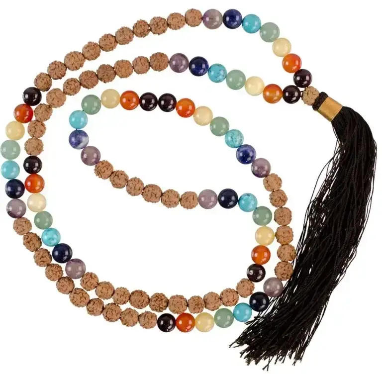Mala Gemstone Prayer Beads 7 Chakra Rainbow with Rudraksha Seeds 8mm